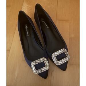 NEW Nemain Marcus Navy Blue Satin Point Flats Silver Hangisi Crystal 8.5